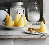 Vanilla poached pears with hazelnut praline parfait