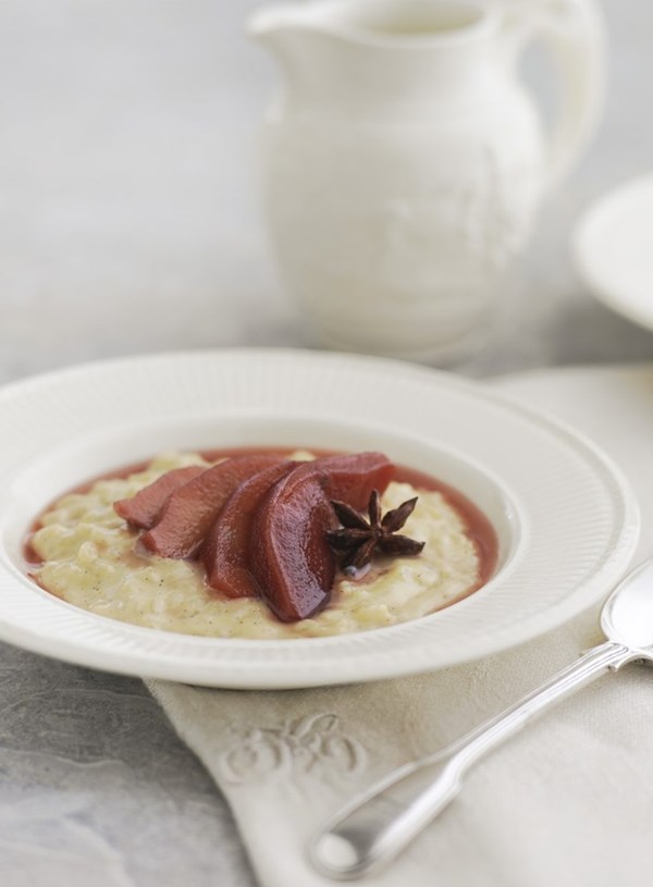 Vanilla rice pudding with Shiraz poached quinces