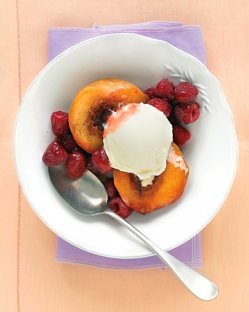 Vanilla-roasted peaches with raspberries