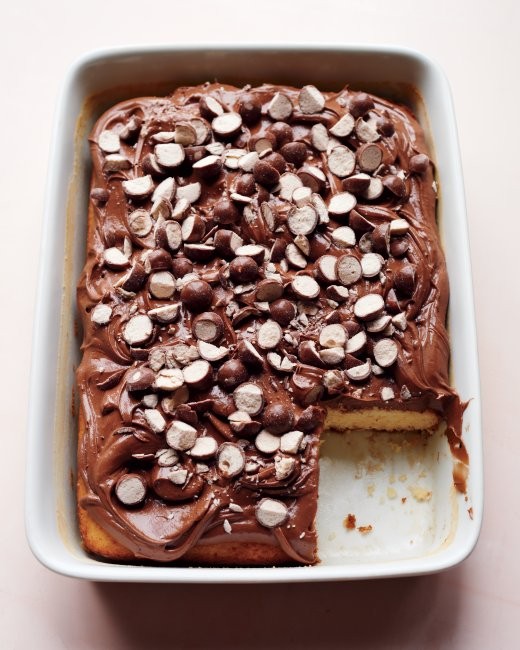 Vanilla sheet cake with malted-chocolate frosting