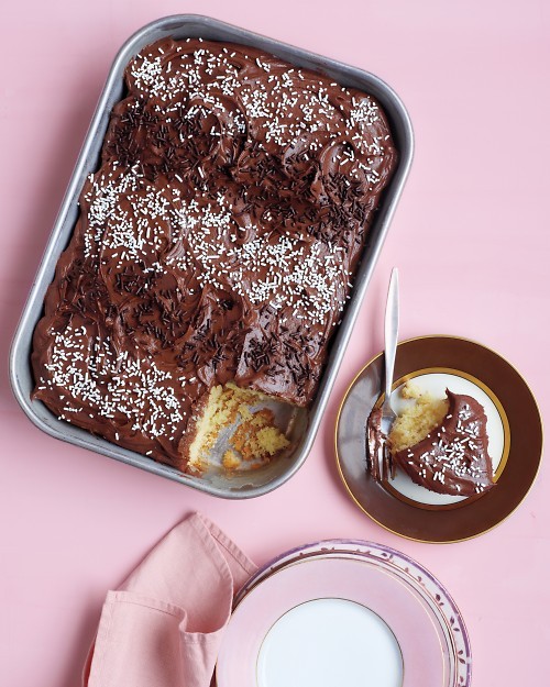 Vanilla sheet cake with malted-milk-chocolate frosting