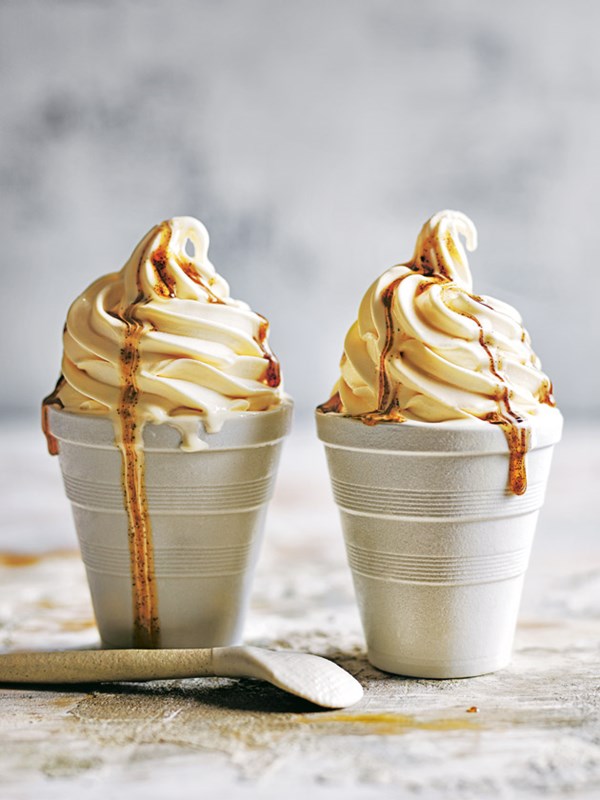 Vanilla soft serve ice-cream with maple and bourbon syrup