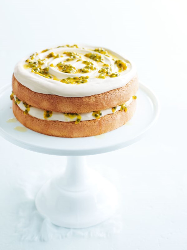 Vanilla sponge cake with cream and passionfruit