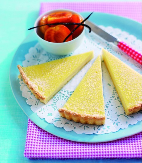 Vanilla tart with poached apricots