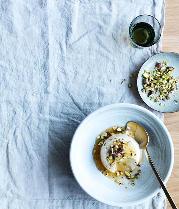 Vanilla-yoghurt Bavarois with saffron-cardamom syrup and pistachios