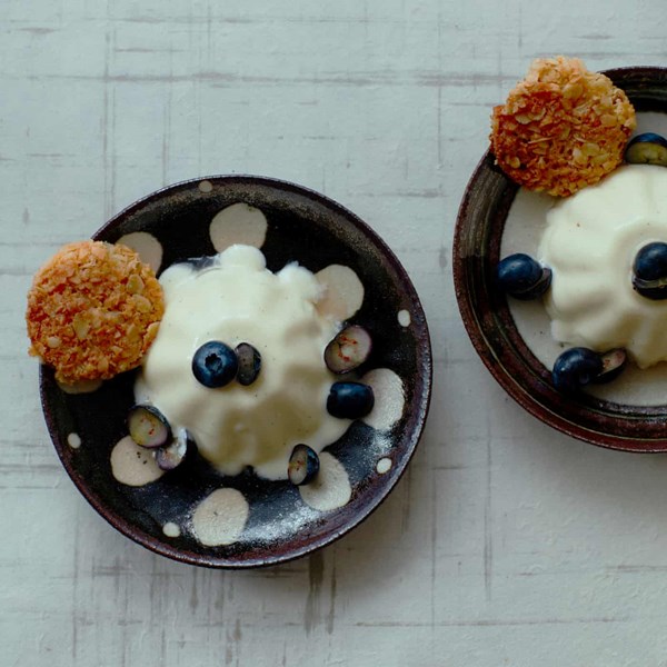Vanilla yoghurt panna cotta with oat biscuits