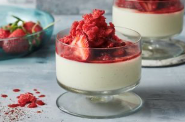 Vanilla yoghurt panna cotta with sumac strawberries and arak strawberry granita