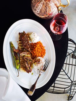 Veal and lamb pistachio kebabs with Afghan bread, cracked wheat and hung yoghurt