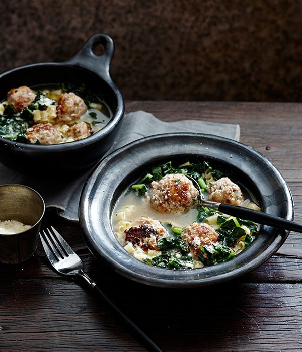 Veal and Parmesan meatballs in broth with ditalani