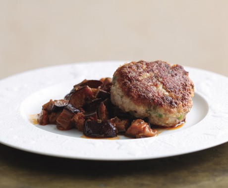 Veal cakes on silky eggplant