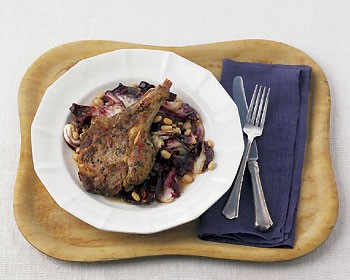 Veal chop with radicchio, white beans, and rosemary