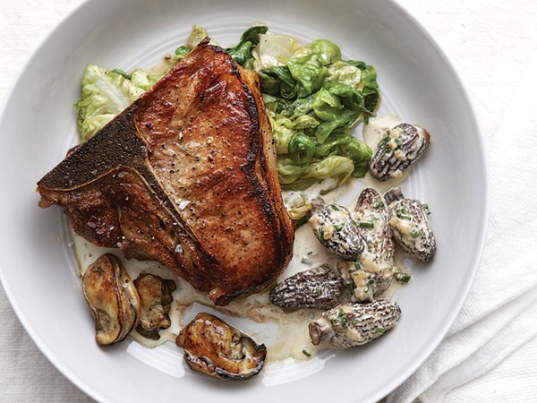 Veal chops with morels, wilted lettuce, oysters, and garlic-Parmesan sauce