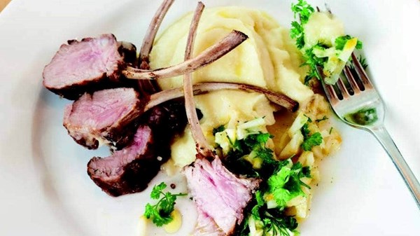 Veal chops with parsnip skordalia and Meyer lemon relish