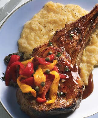 Veal chops with sherry gastrique and roasted peperonata