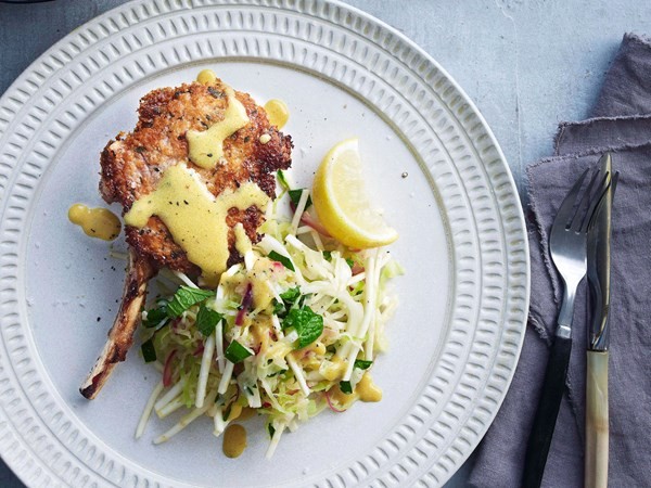 Veal cutlets with warm cabbage & celeriac slaw