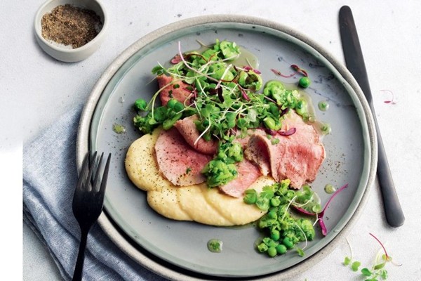 Veal girello with polenta and pea & broad bean salad