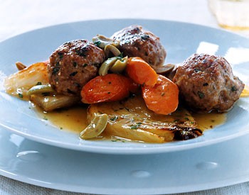 Veal meatballs with braised vegetables