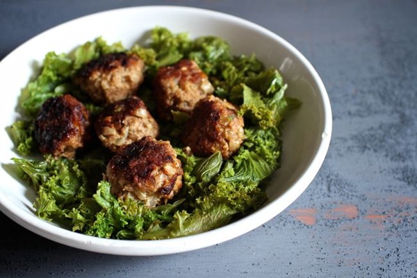 Veal meatballs with mustard greens