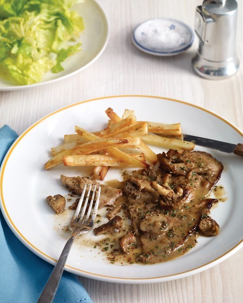 Veal paillards with mushroom, mustard, and sherry sauce