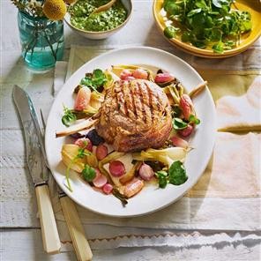 Veal rib chop for two with radish-leaf salsa verde, watercress & roasted spring veg