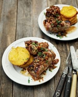 Veal rolls with currants, pine nuts, and Parmesan polenta stacks