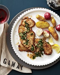 Veal scaloppine with wilted parsley, lemon and sesame