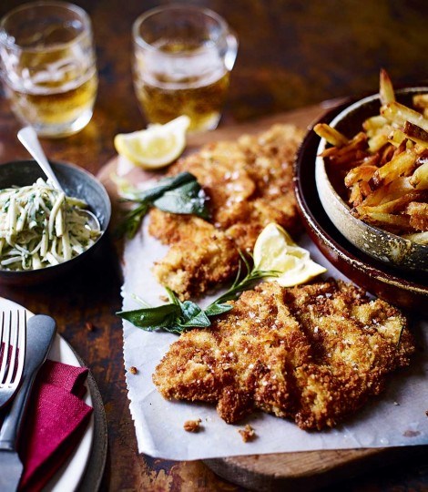 Veal schnitzel with herb butter and apple remoulade