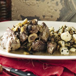 Veal shanks with green peppercorn sauce and roast root vegetables