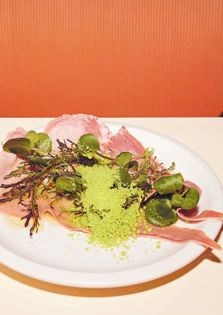 Veal tongue with pea ice