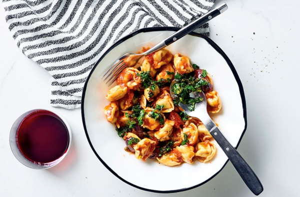 Veal tortellini, puttanesca sauce and gremolata