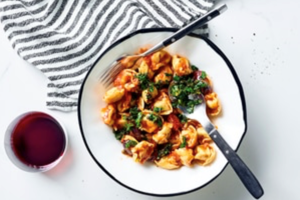 Veal tortellini with puttanesca sauce and gremolata