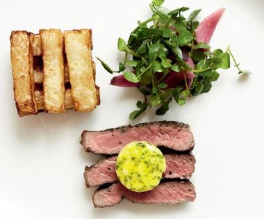 Veal with caper & shallot salad (Rose veal 'cordon bleu' with caper, red chard and shallot salad and English mustard velouté)