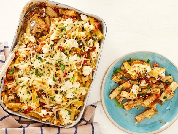 Vegan baked ziti with mushrooms 