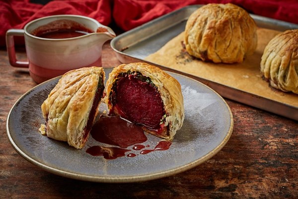 Vegan beetroot Wellingtons with mulled wine gravy