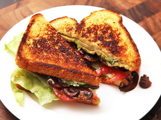 Vegan "B.L.A.T."s: lettuce, tomato, avocado, and crispy smoked mushroom sandwiches