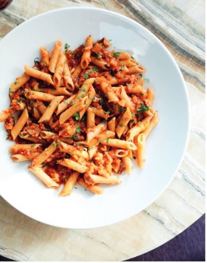 Vegan Bolognese with whole wheat penne
