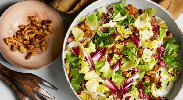 Vegan Caesar salad with chicories and walnuts