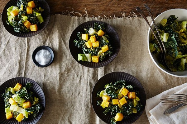 Vegan Caesar salad with polenta croutons