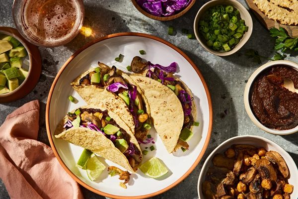 Vegan carnitas tacos with guajillo jam