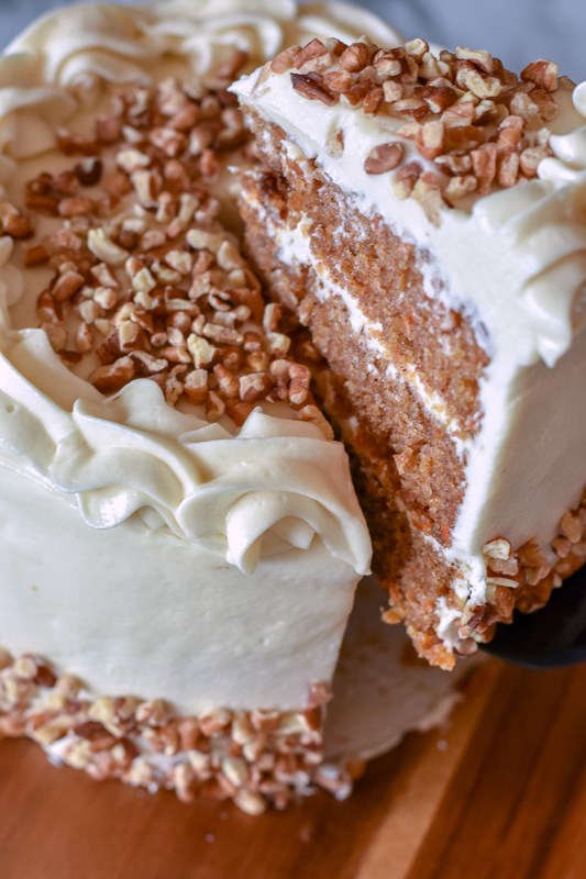 Vegan carrot cake with maple cream cheese frosting