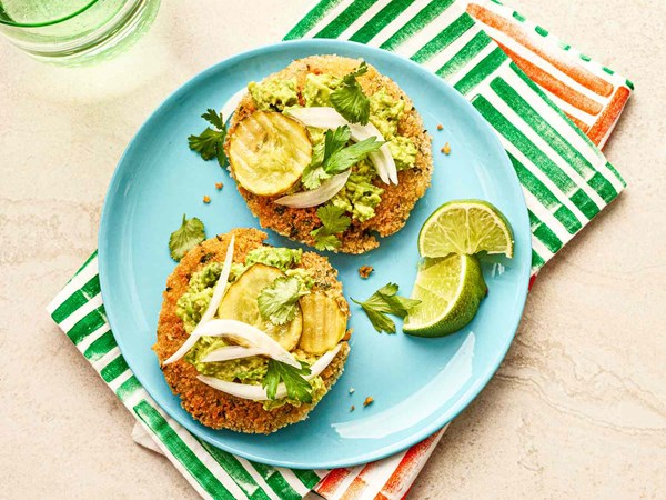 Vegan chickpea cakes with mashed avocado