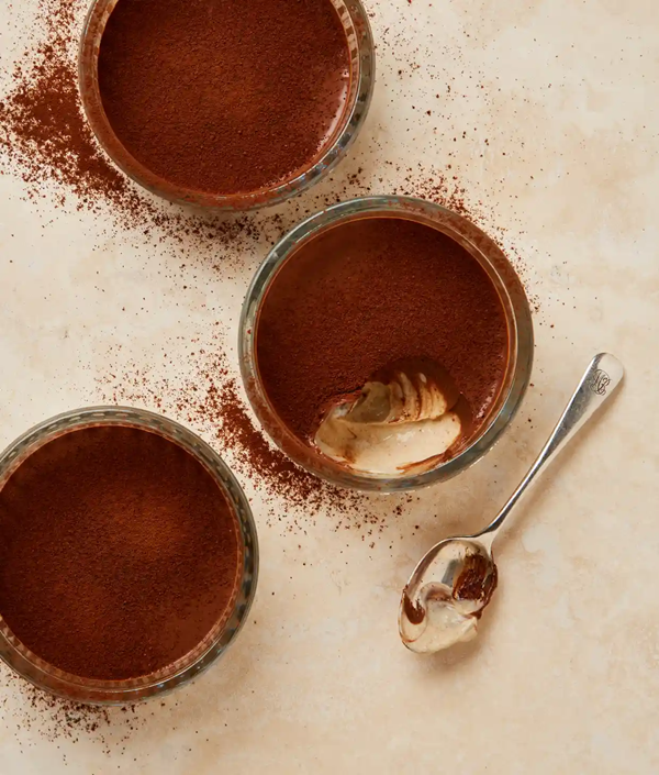 Vegan chocolate pots with tahini caramel