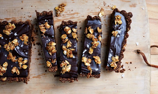 Vegan chocolate tart with salted oat crust