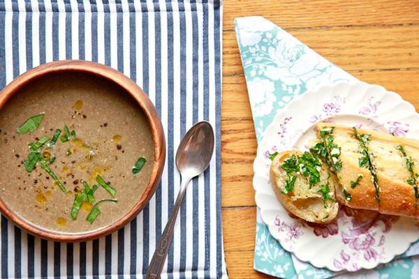Vegan cream of mushroom soup with not so vegan herb bread
