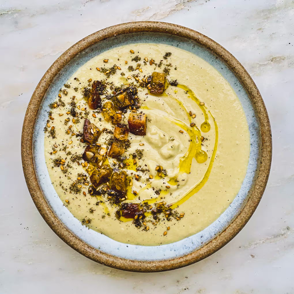 Vegan creamy mushroom stem, tahini and white bean soup