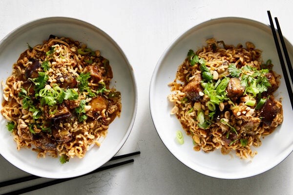 Vegan dan dan noodles with eggplant