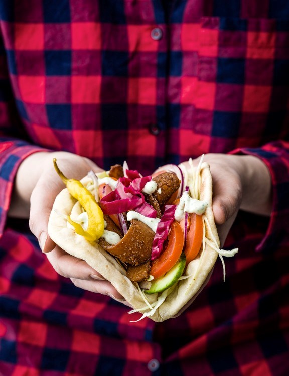 Vegan doner with homemade pittas and garlic 'mayo'