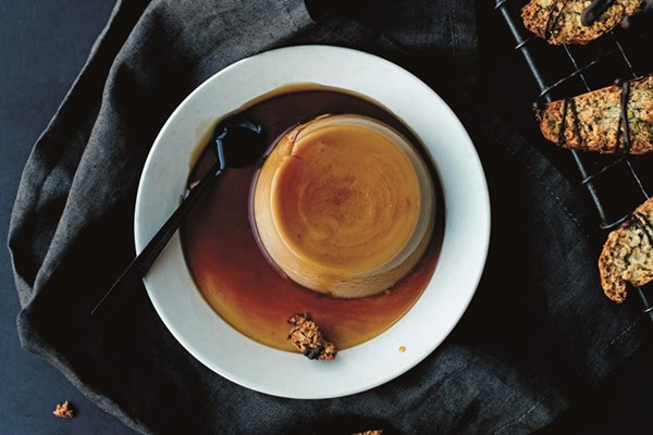 Vegan espresso crème caramel with pistachio biscotti