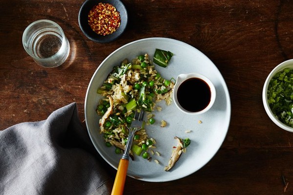 Vegan fried rice with ginger, bok choy, and peas