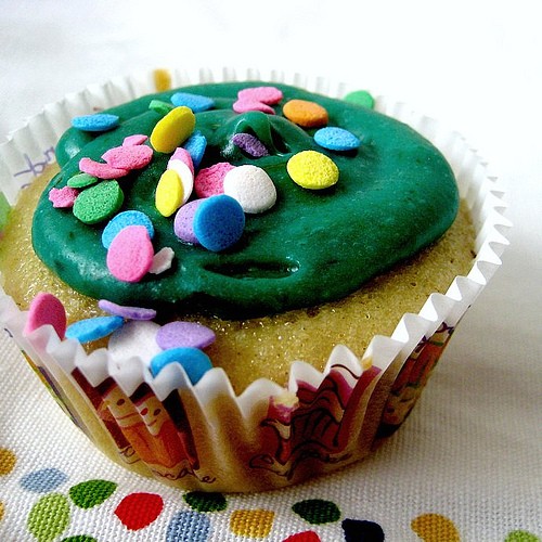 Vegan golden vanilla cupcakes with avocado "buttercream" frosting